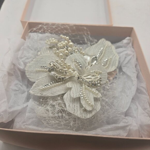 Davids Bridal Floral Headpiece with Pearls and Crystals Hair Clip Formal Prom - Picture 6 of 11
